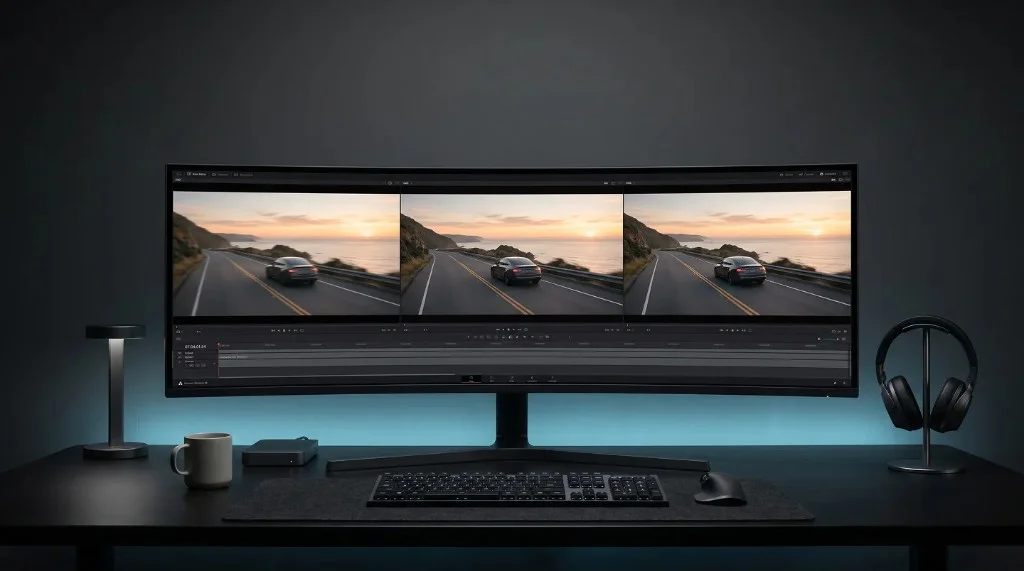 Professional video editing workstation with an ultrawide curved monitor showing coastal driving footage on a timeline, headphones, and teal backlighting.