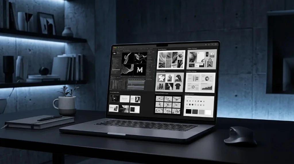 Laptop on a dark desk displaying branding software with visual identity mockups, motion graphics ribbons, creative strategy charts, and a mood board under blue LED shelf lighting.
