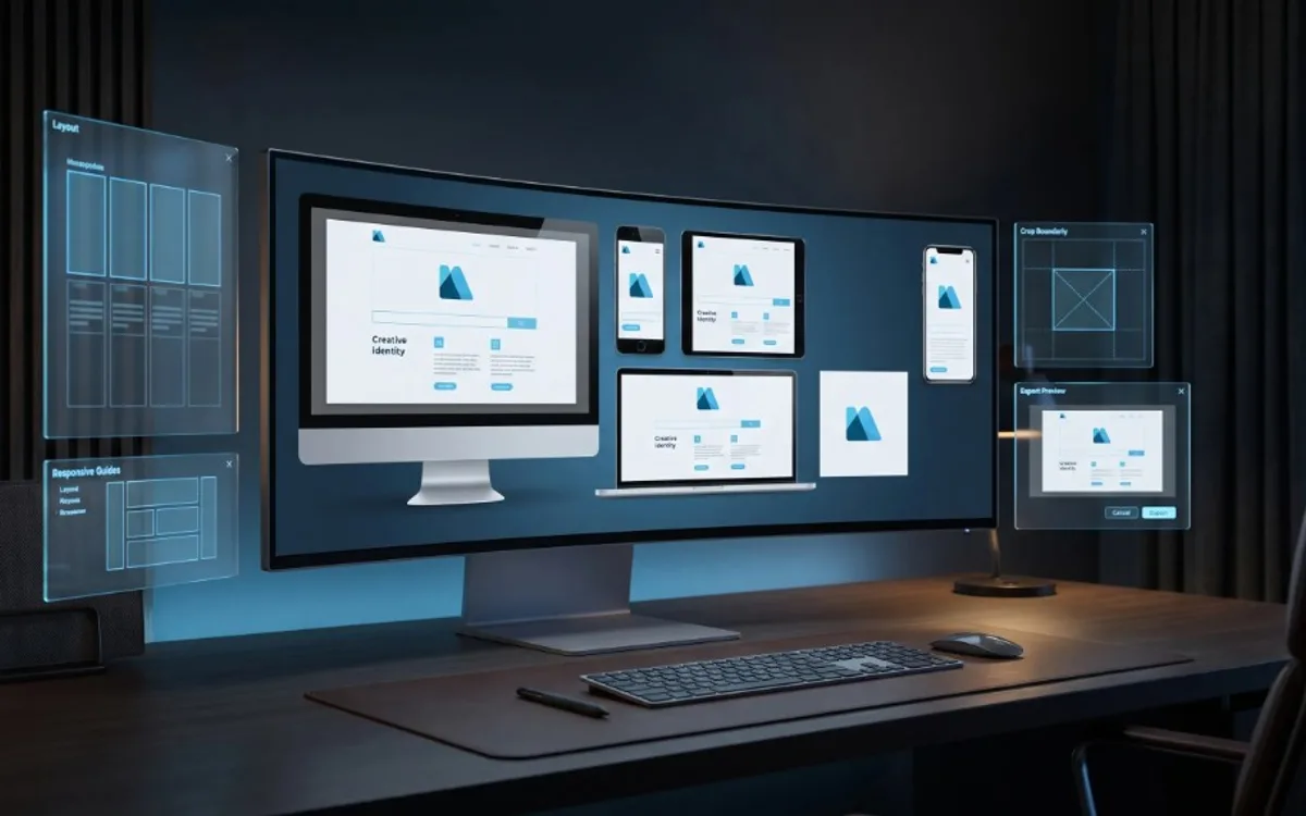 Ultrawide monitor displaying brand identity mockups across desktop, laptop, tablet, and phone screens with holographic layout and export panels.