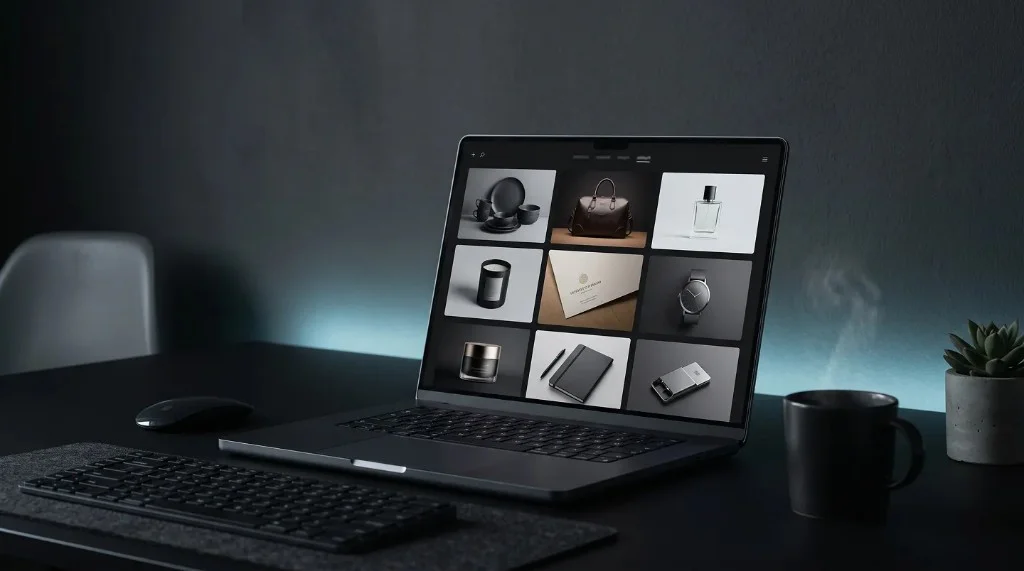Dark creative desk with a laptop showing a nine-image product photography grid beside a keyboard, mouse, steaming mug, and succulent plant.