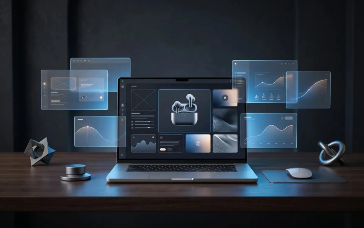 Laptop on a dark desk displaying holographic social media analytics panels with charts, profile icons, and engagement metrics.