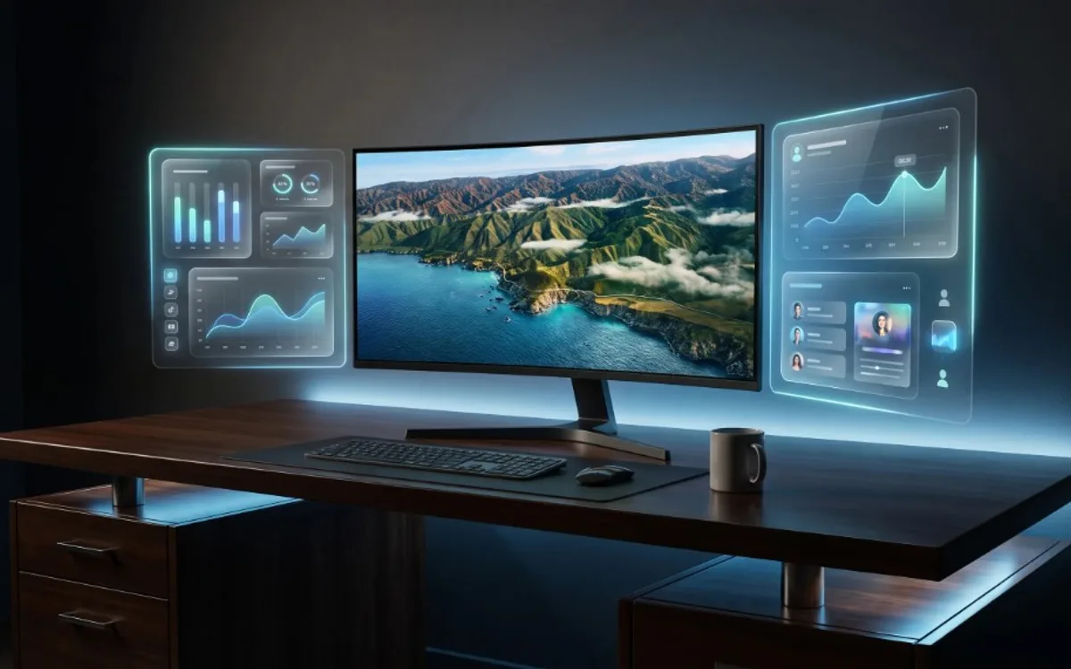Curved monitor in a dim studio showing a coastal landscape beside floating holographic social media dashboards and growth charts.
