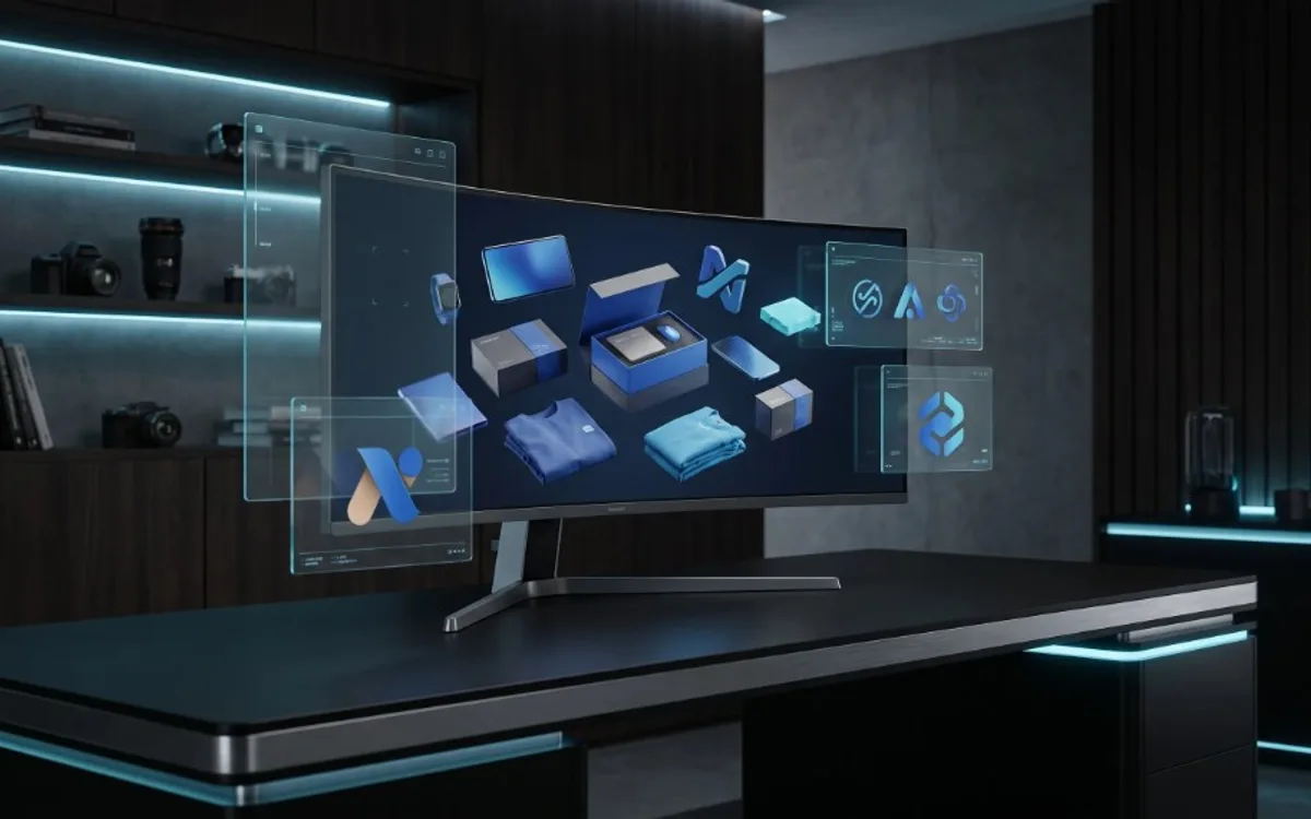 Curved monitor displaying floating 3D branded mockups including apparel, packaging, phones, and tablets in a cohesive blue theme.