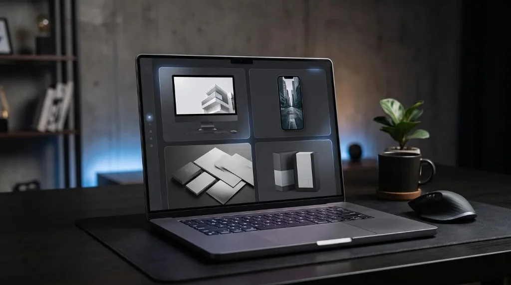 Sleek laptop on a dark desk displaying a four-panel portfolio with monitor, phone, stationery, and packaging mockups under blue ambient lighting.