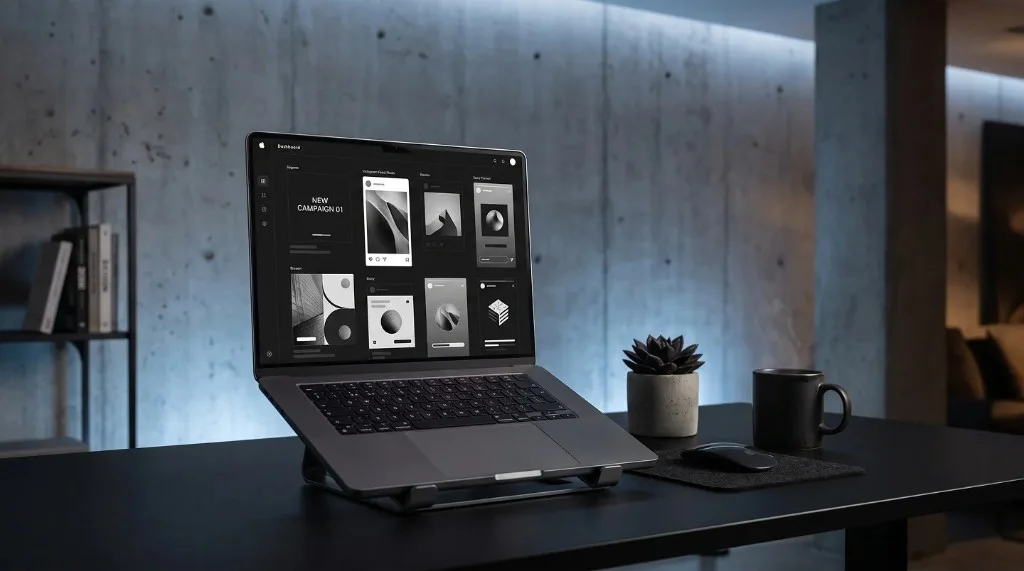 Laptop running video editing software with vertical fashion portrait previews and a grid of black-and-white story clips on a moody desk with blue accent lighting.