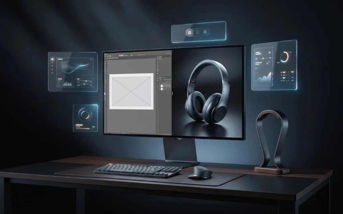 Monitor split between design software with a wireframe placeholder and a photorealistic headphone render with holographic UI overlays.