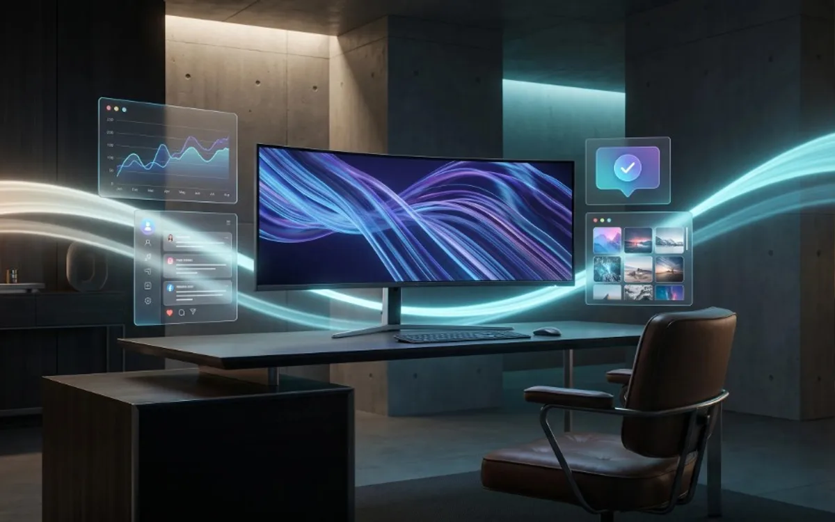 Futuristic studio workstation with curved monitor showing neon motion graphics and floating holographic social media and analytics panels.