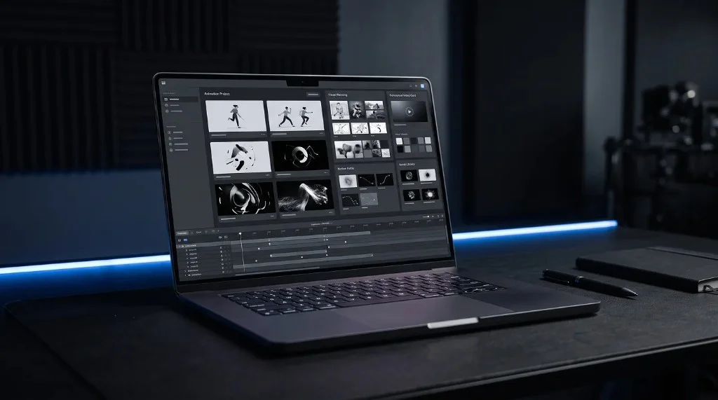 Laptop on a dark desk running animation software with character storyboards, particle effects, and a multitrack timeline in an acoustic-foam studio.
