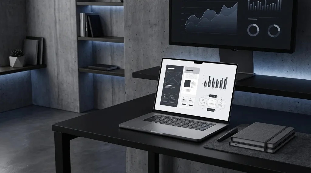 Minimalist workspace with a laptop showing UI wireframes and charts beside stacked notebooks, backed by a large monitor displaying data analytics graphs.