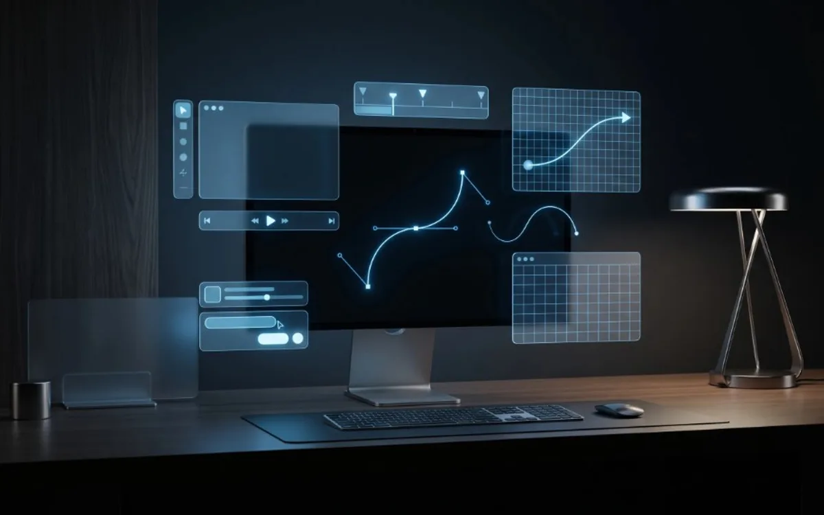 Monitor on a dark desk showing holographic motion design tools with bezier curves, keyframe timeline, and easing graph editors.