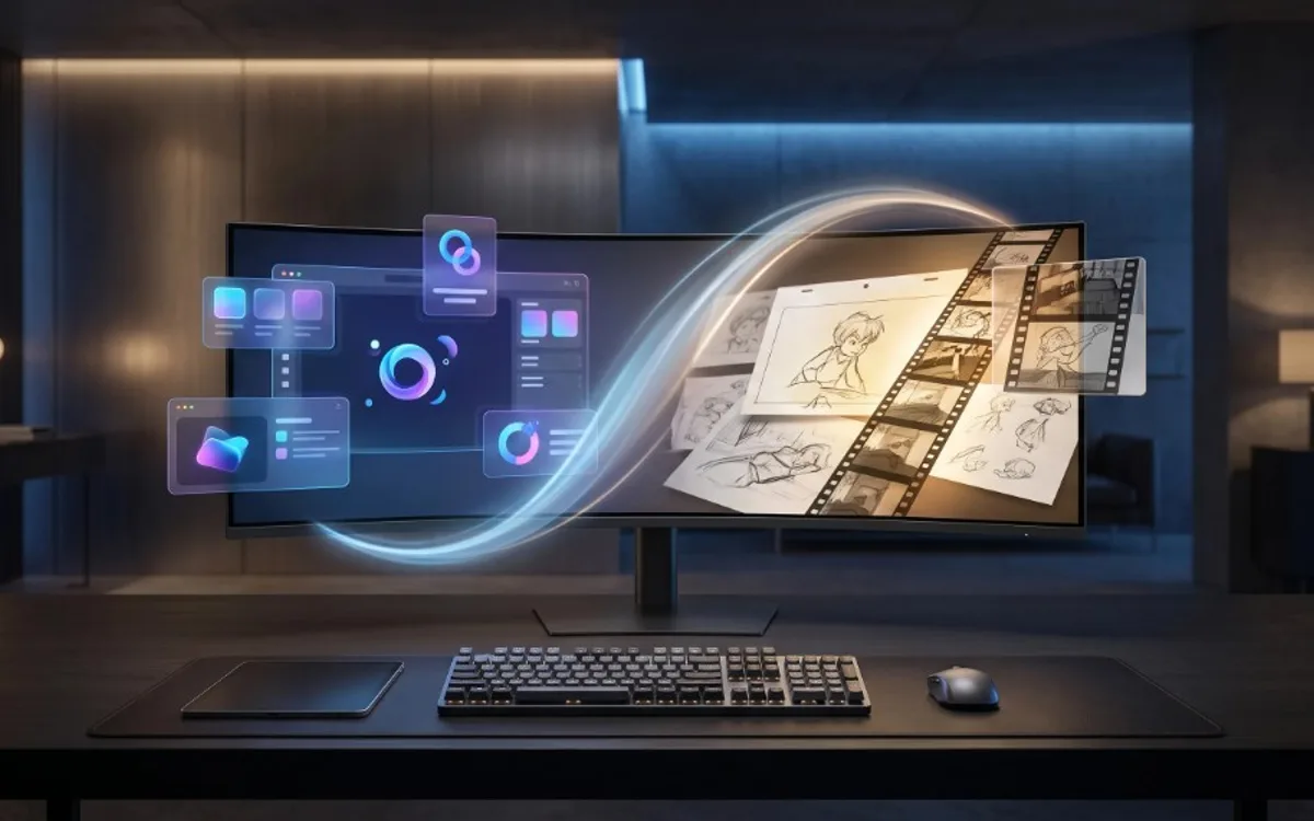 Curved monitor transitioning from hand-drawn animation sketches and film strips to a polished digital interface with a glowing motion trail.