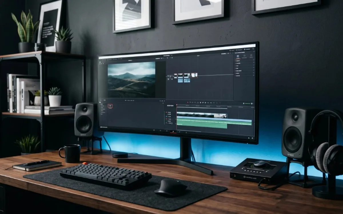 Professional ultrawide editing workstation with video software, studio monitor speakers, and minimalist decor on a dark wooden desk.