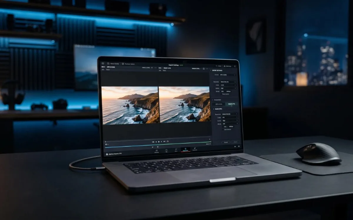 Laptop at night showing video export settings with side-by-side clip previews, blue studio lighting, and a city skyline outside.