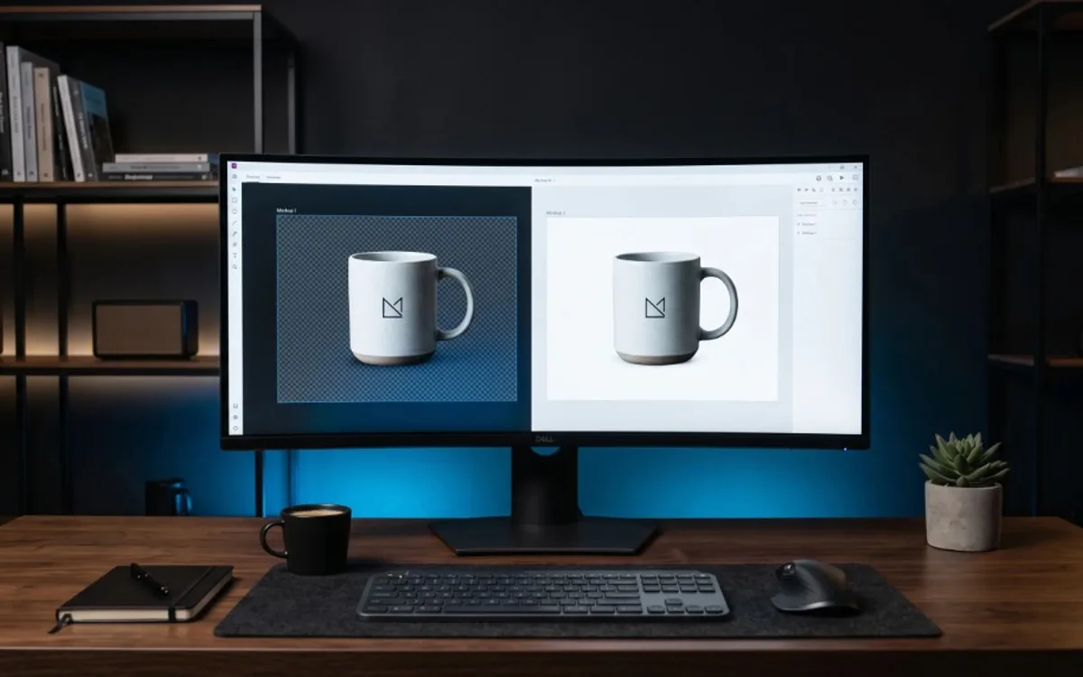 Curved monitor displaying ceramic mug mockups on transparent and solid backgrounds inside graphic design software.