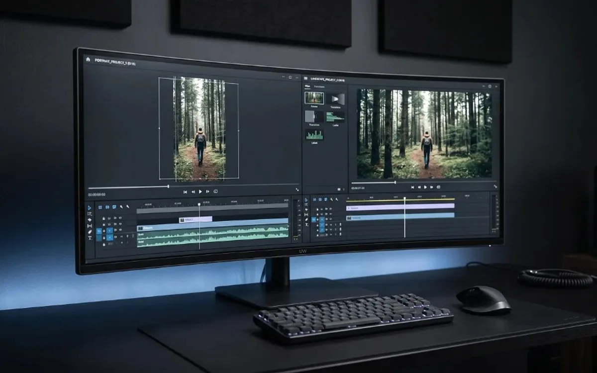 Video editing software comparing portrait and landscape frames of the same forest scene side by side on an ultrawide monitor.