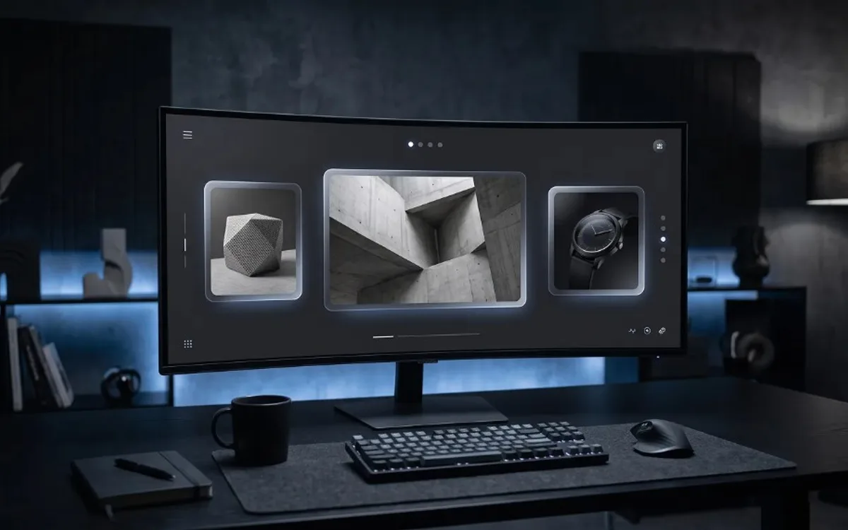 Ultrawide monitor displaying a minimalist portfolio gallery with architectural and product previews on a moody dark desk setup.