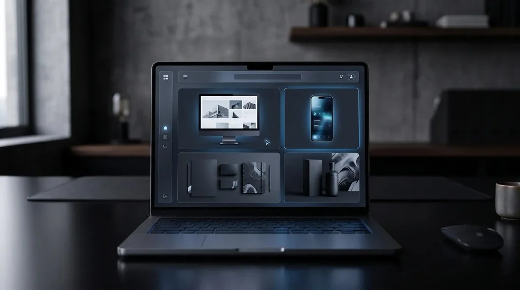 Laptop on a moody dark desk showing a minimalist portfolio grid with desktop monitor, smartphone, stationery, and product packaging mockups.