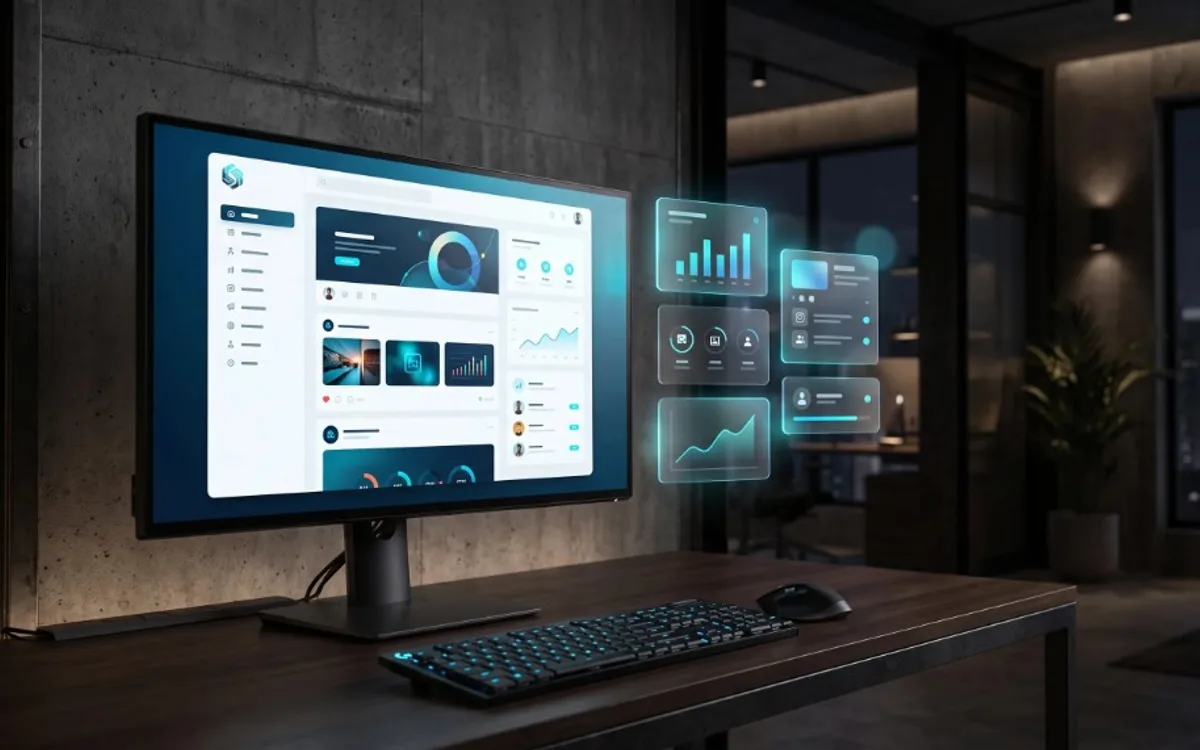 Futuristic workspace at night with a monitor showing a modern dashboard and floating holographic social media analytics panels.