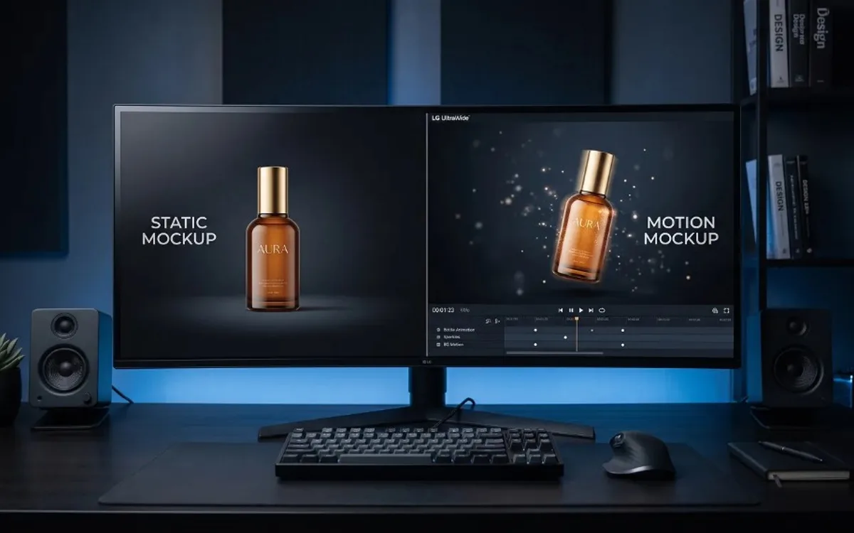Ultrawide monitor comparing a static product mockup and an animated motion mockup of a perfume bottle in editing software.