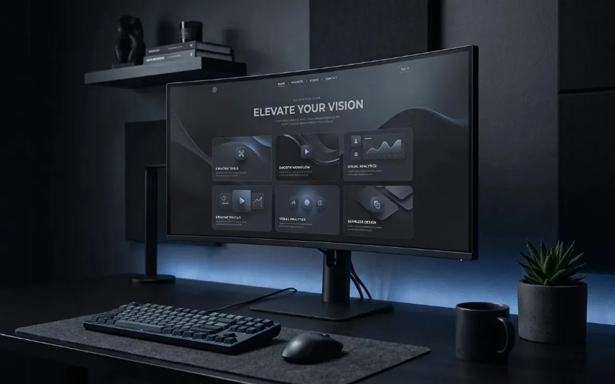Dark minimalist desk with an ultrawide monitor showing an Elevate Your Vision website featuring creative tools and workflow cards.
