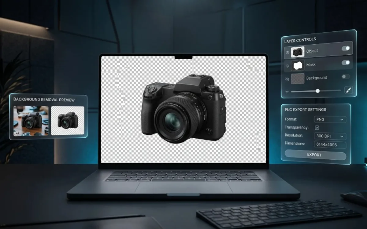 Laptop showing background removal software isolating a camera on a transparent checkerboard with PNG export settings visible.