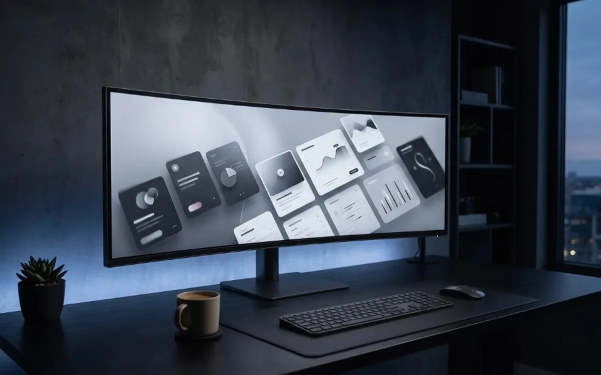Curved ultrawide monitor showing analytics dashboards with charts, graphs, and data widgets on a dark professional desk.