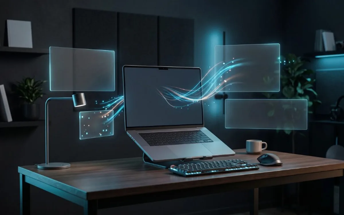 Laptop displaying 3D earbuds in motion design software with glowing holographic timeline charts and waveform panels on a dark desk.