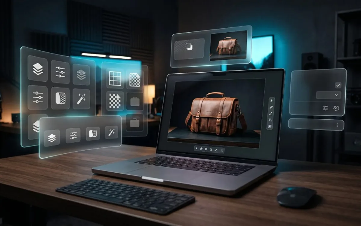 Laptop on a wooden desk with holographic design panels floating around the screen in a blue-lit creative studio.