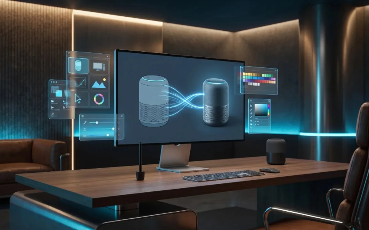 Professional monitor showing a smart speaker design with holographic color panels, motion paths, and editing controls on a dark desk.