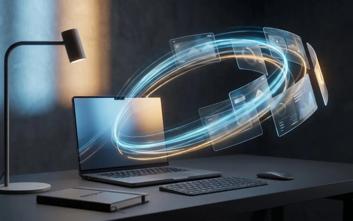 Laptop on a wooden desk surrounded by swirling blue and amber holographic panels showing motion design charts and interface elements.