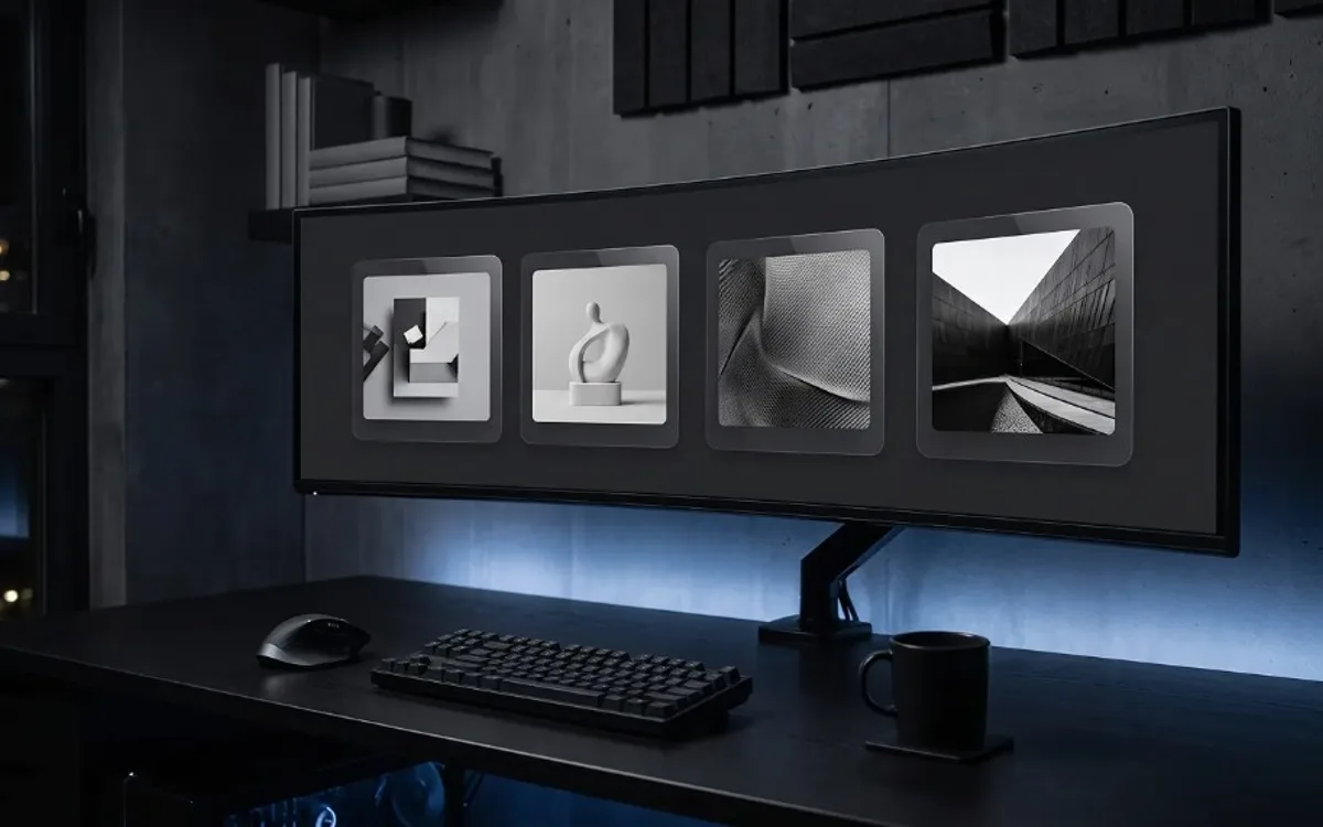 Ultrawide monitor mounted on an arm displaying four monochromatic art pieces above a keyboard on a concrete-wall desk with blue lighting.