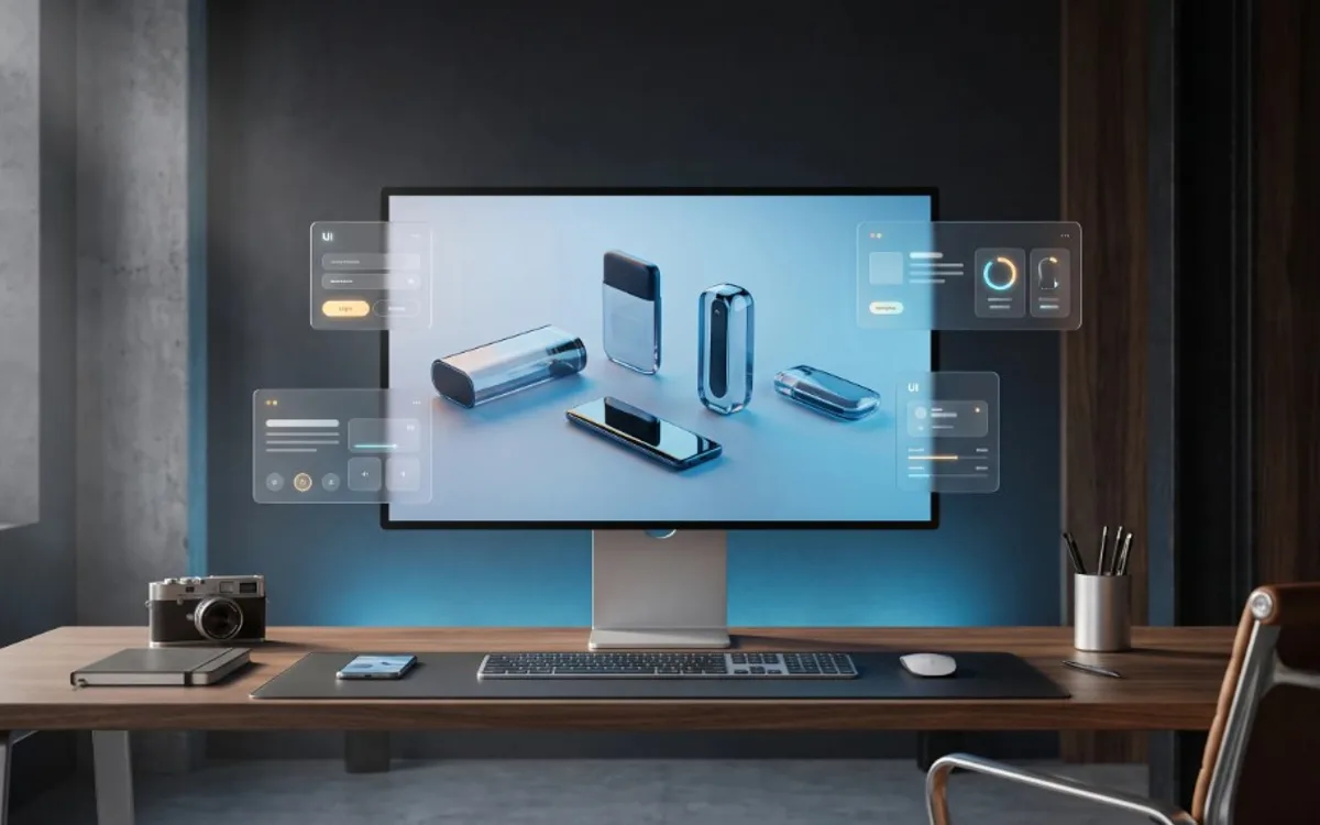 Monitor with floating glass-style UI mockups, product renders, and dashboard panels on a cinematic dark wood creative desk.