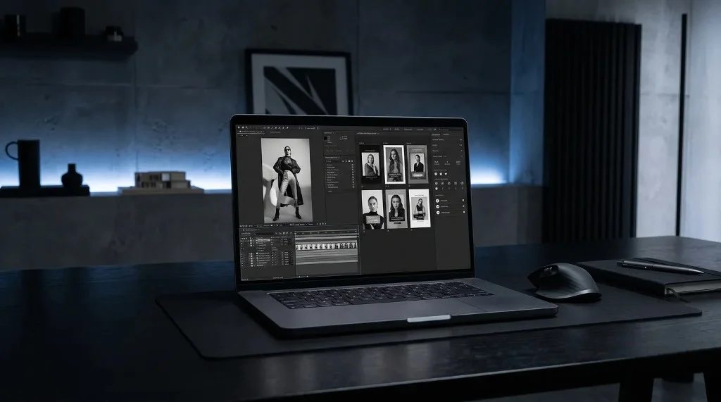 Vertical studio with a portrait monitor showing a 9:16 frame grid, a laptop editing vertical video with Instagram and TikTok icons, and blue accent lighting.